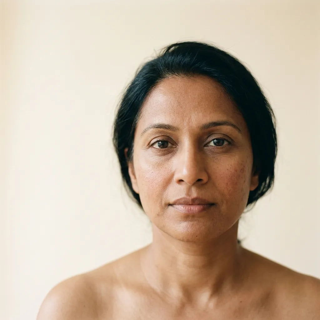 A South Asian woman in her early forties with bare, unretouched skin looking calmly at the camera in soft natural light