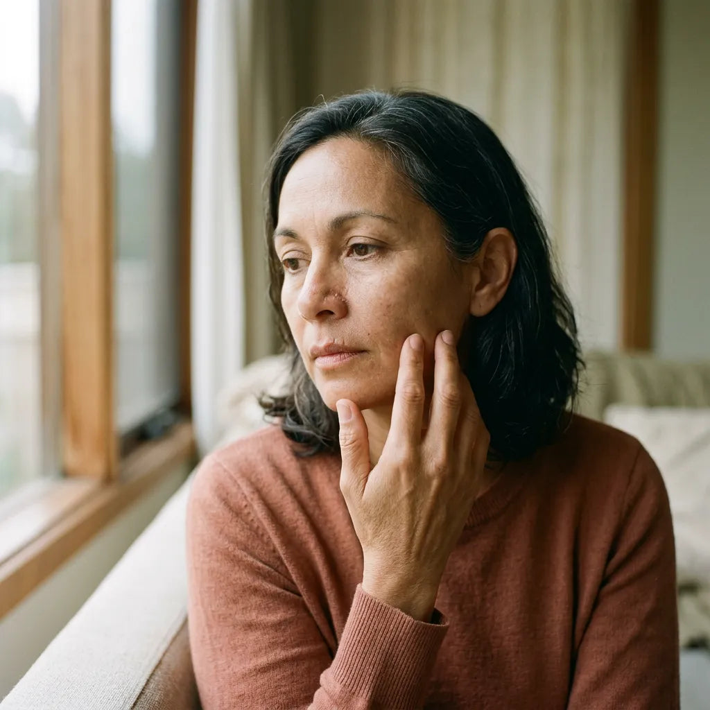 Woman in her 50s gently touching her cheek, illustrating signs of skin barrier damage and dryness after 50