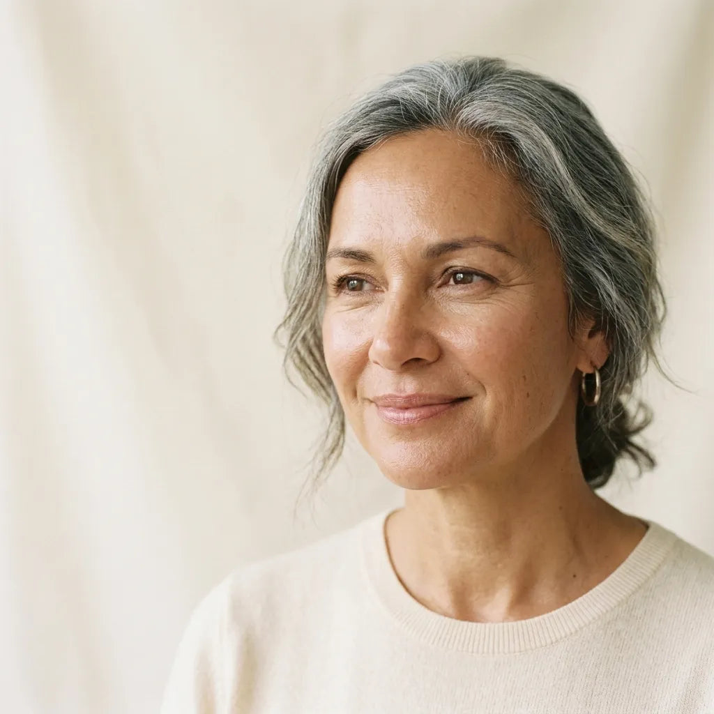 Woman in her mid-fifties with calm, settled skin, portrait