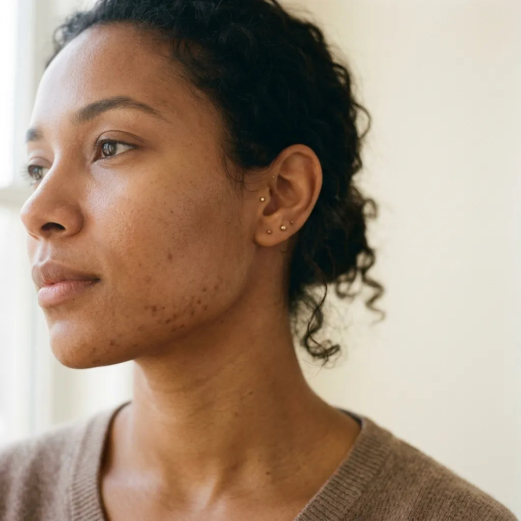 Close-up of melanin-rich skin with subtle post-acne marks near the jawline