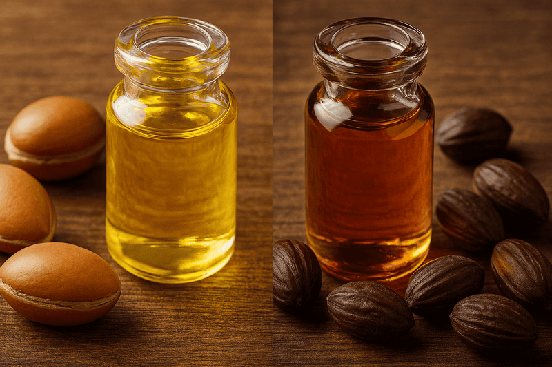 Two glass bottles of oil with argan seeds and jojoba seeds on a wooden surface