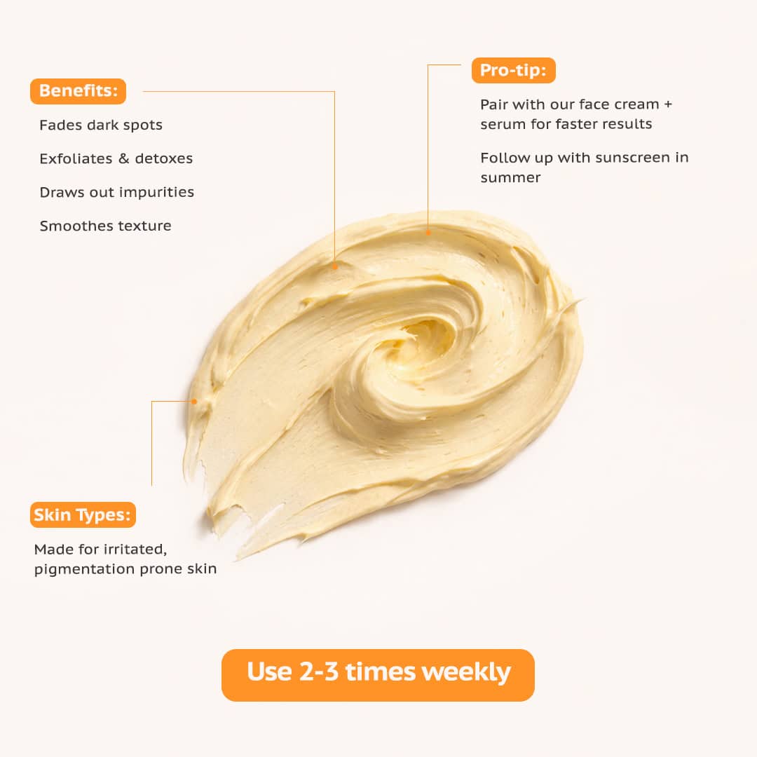 Turmeric clay mask swatch with benefits and usage instructions on a white background