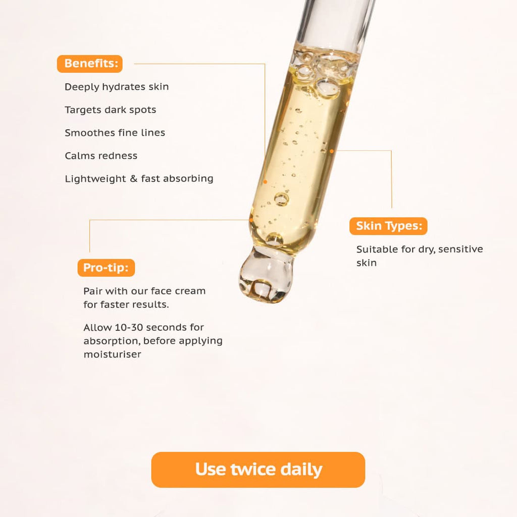 VDRA Turmeric serum dropper with benefits and usage instructions on a light background