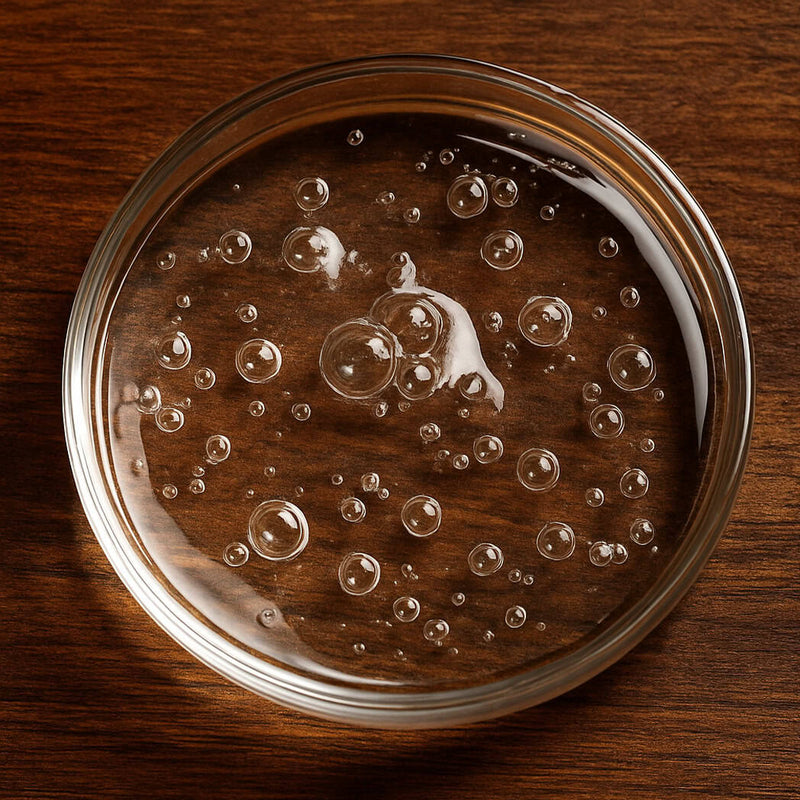 Clear glass tray with hyaluronic acid on a wooden surface