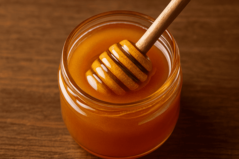 Jar of manuka honey with a wooden dipper on a wooden surface
