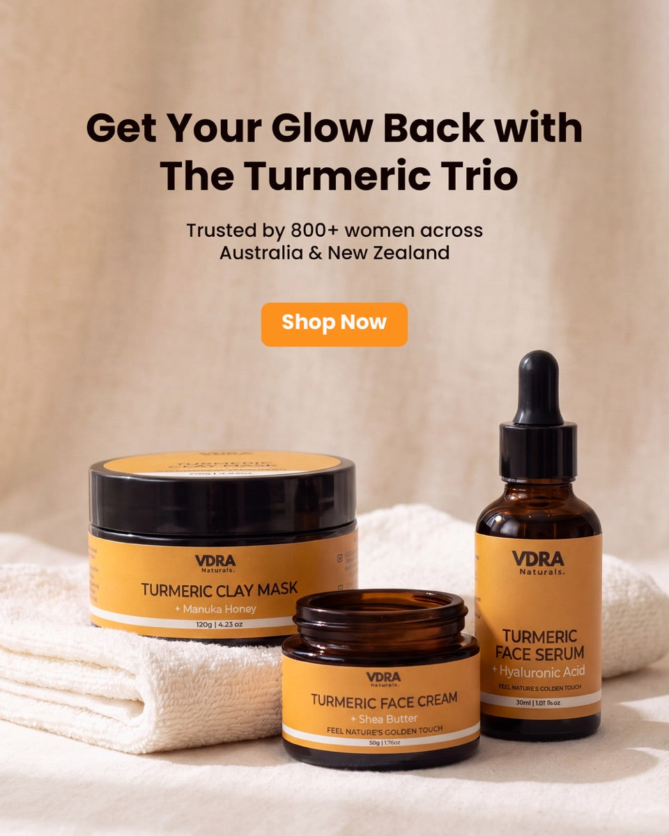 VDRA Naturals Turmeric Trio — turmeric clay mask, face serum and face cream. Get your glow back, trusted by 800+ women across Australia and New Zealand.