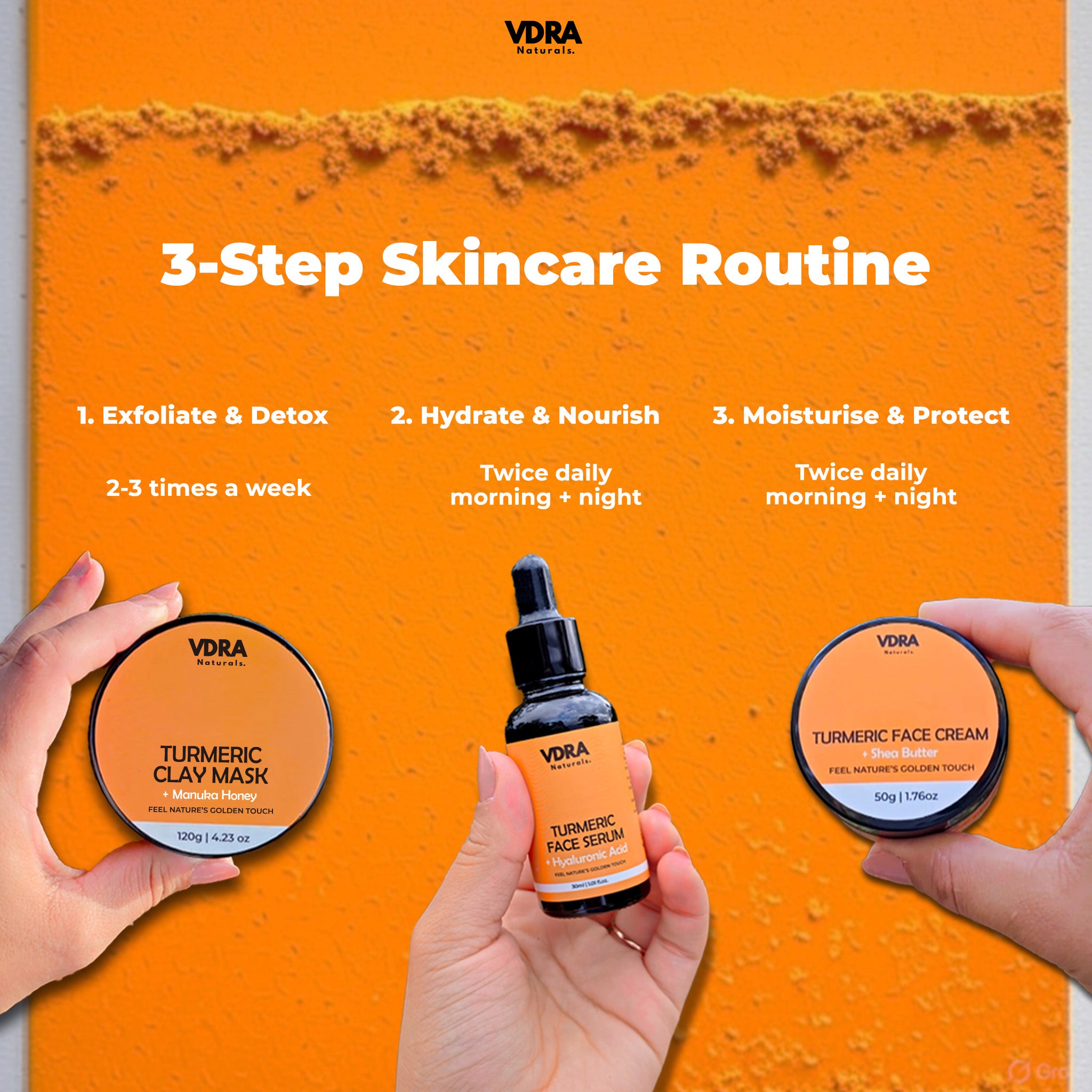 VDRA skincare products with a 3-step skincare routine on an orange background