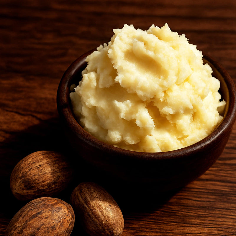 Shea butter in a wooden bowl on a wooden surface with Shea nuts.