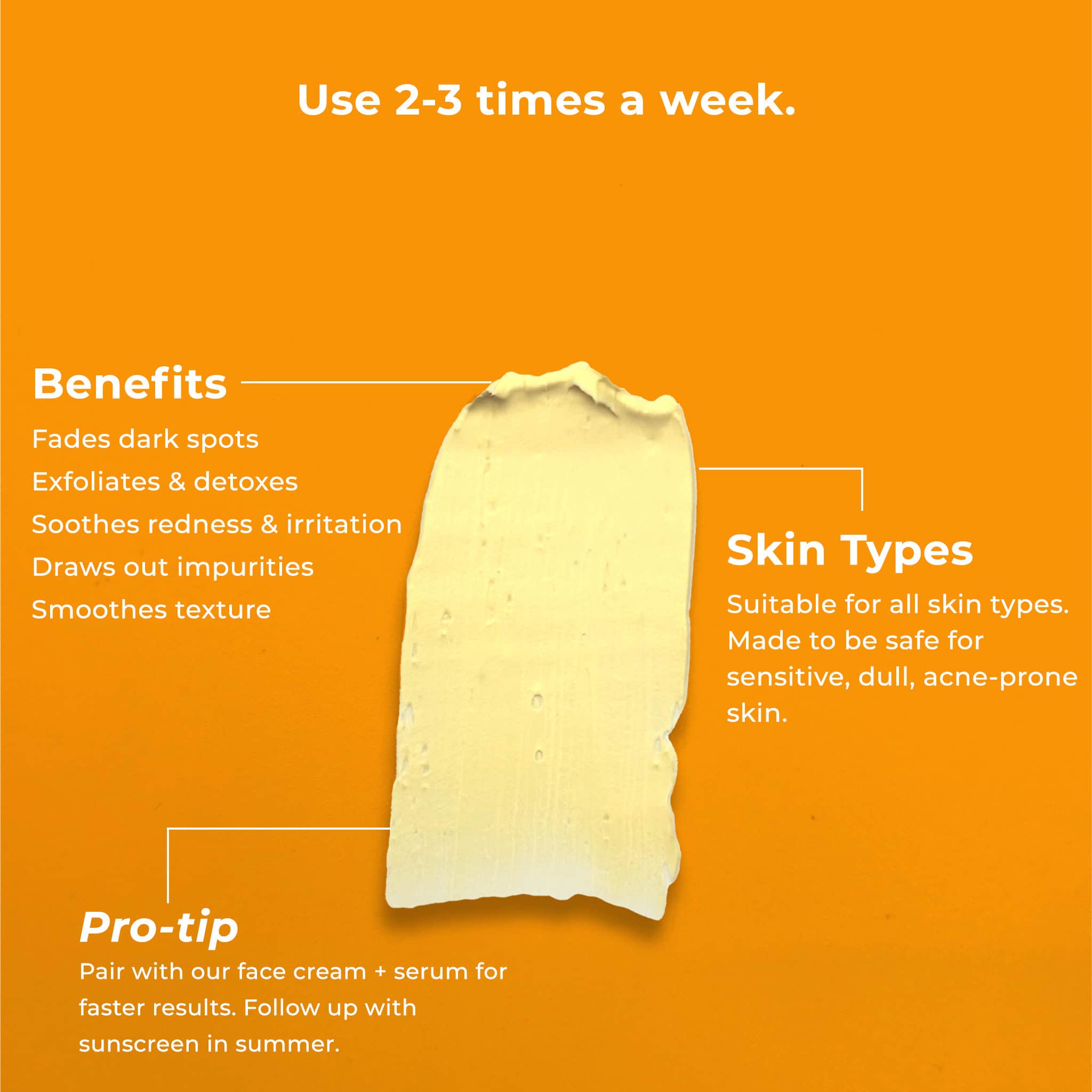 Product packaging with benefits, skin types suitability, and usage instructions on an orange background