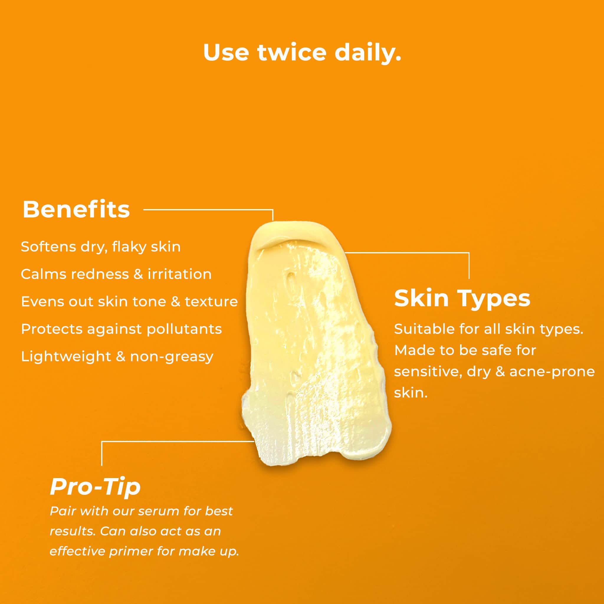 Image of the face cream with text outlining benefits, skin types suitability, and usage instructions on an orange background