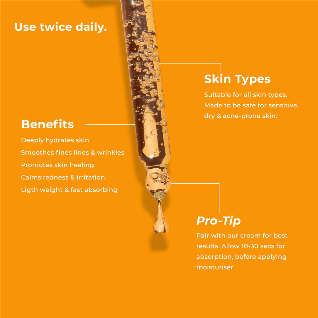 VDRA's Face Serum in a dropper with text highlighting the benefits of the serum, on an orange background