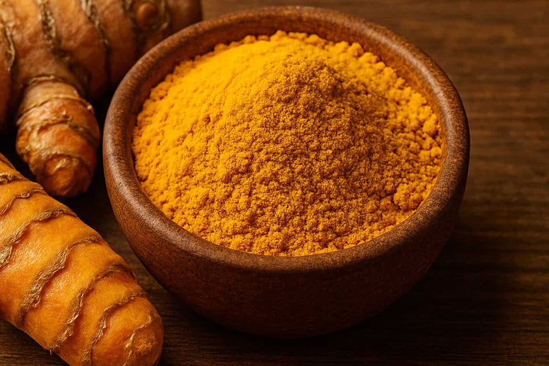 Turmeric powder in a wooden bowl next to  turmeric roots on a wooden surface