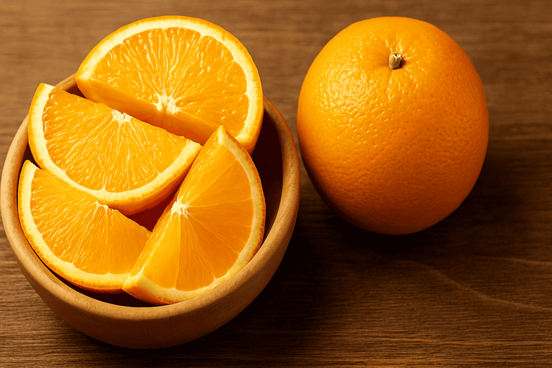 Oranges and orange slices in a wooden bowl on a wooden surface